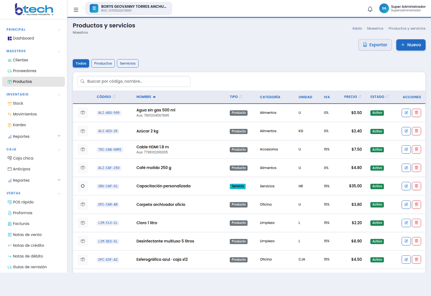Vista de aplicación web btech
